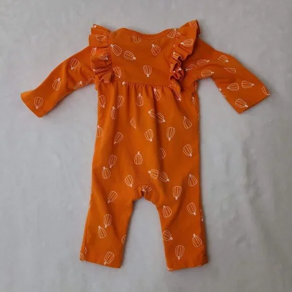 Cat & Jack Baby NB Pumpkin Print Long Sleeve Ruffle Romper Orange - Picture 5 of 7